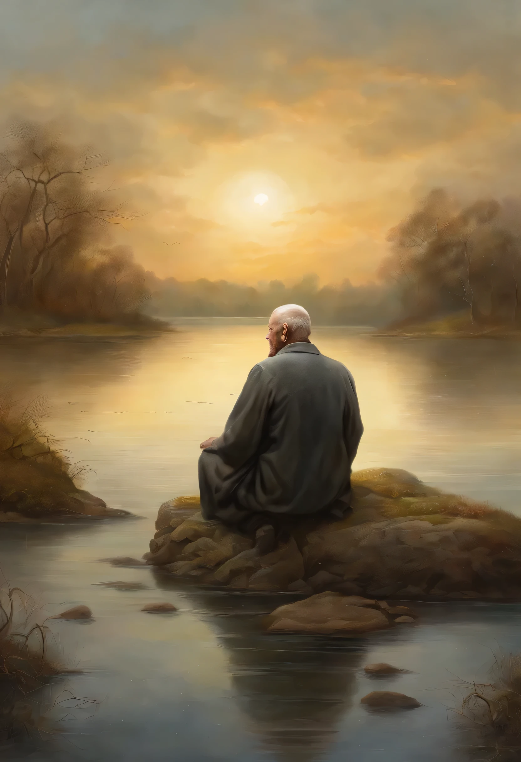 hombre maduro, Sitting in a meditative position., Frente al hermoso Horizonte, Cuando el sol se oculta, In relationship with God, Fotos de retratos, supervision: por Drew Tucker, supervision: Adam Marczyński, supervision: Alexander Kuchharsky, supervision: por Gavin Nolan, 8k surrealism, supervision: by Jason Felix, Yuri Shwedoff y Tom Bagshaw, arte ilustrativo, Estilo Erik Johansson