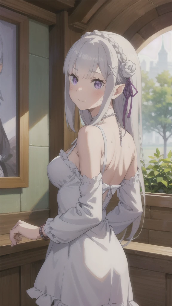 1girl, solo, masterpiece, best quality,
sweat, re:zero kara hajimeru isekai seikatsu, emilia, emilia (re:zero), purple eyes, grey hair, white hair, long hair, braid, crown braid, blunt bangs, sidelocks, hair ornament, x hair ornament, hair flower, hair ribbon, purple ribbon, pointy ears, elf, , collarbone, bare arms, medium breasts, buruma, bare legs, in a vibrant red mini dress with a sweetheart neckline and ruched bodice, She is accessorized with layered pearl necklaces and bracelets, creating a stylish yet casual vibe. The image has a soft, warm lighting and the background features neutral-toned decor elements, drawing the focus to the model's captivating presence,
cowboy shot, twisted torso, looking back,
blush, smile,
outdoors