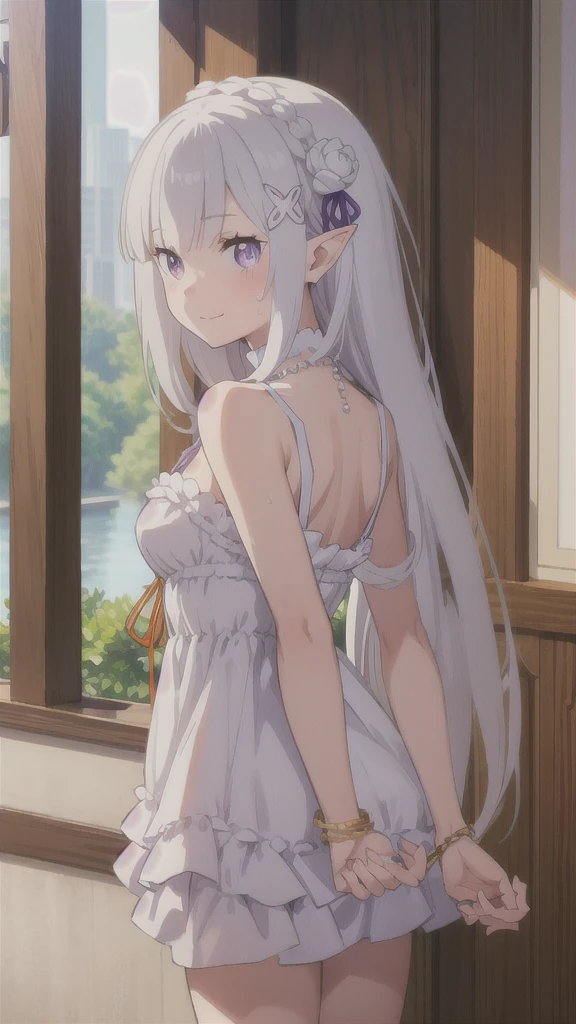 1girl, solo, masterpiece, best quality,
        sweat, re:zero kara hajimeru isekai seikatsu, emilia, emilia (re:zero), purple eyes, grey hair, white hair, long hair, braid, crown braid, blunt bangs, sidelocks, hair ornament, x hair ornament, hair flower, hair ribbon, purple ribbon, pointy ears, elf, , collarbone, bare arms, medium breasts, buruma, bare legs, in a vibrant red mini dress with a sweetheart neckline and ruched bodice, She is accessorized with layered pearl necklaces and bracelets, creating a stylish yet casual vibe. The image has a soft, warm lighting and the background features neutral-toned decor elements, drawing the focus to the model's captivating presence,
        cowboy shot, twisted torso, looking back,
        blush, smile,
        outdoors