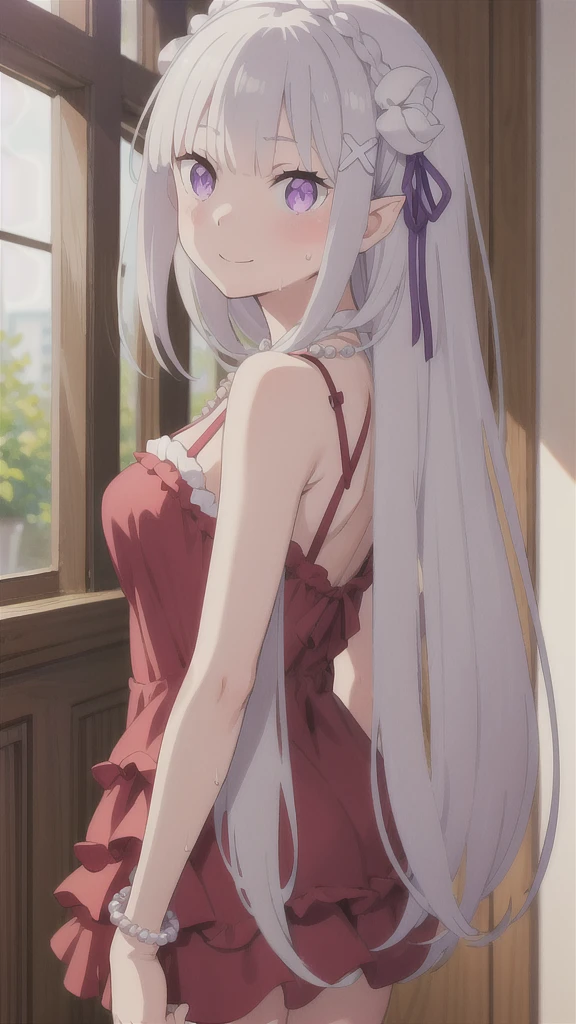 1girl, solo, masterpiece, best quality,
        sweat, re:zero kara hajimeru isekai seikatsu, emilia, emilia (re:zero), purple eyes, grey hair, white hair, long hair, braid, crown braid, blunt bangs, sidelocks, hair ornament, x hair ornament, hair flower, hair ribbon, purple ribbon, pointy ears, elf, , collarbone, bare arms, medium breasts, buruma, bare legs, in a vibrant red mini dress with a sweetheart neckline and ruched bodice, She is accessorized with layered pearl necklaces and bracelets, creating a stylish yet casual vibe. The image has a soft, warm lighting and the background features neutral-toned decor elements, drawing the focus to the model's captivating presence,
        cowboy shot, twisted torso, looking back,
        blush, smile,
        outdoors