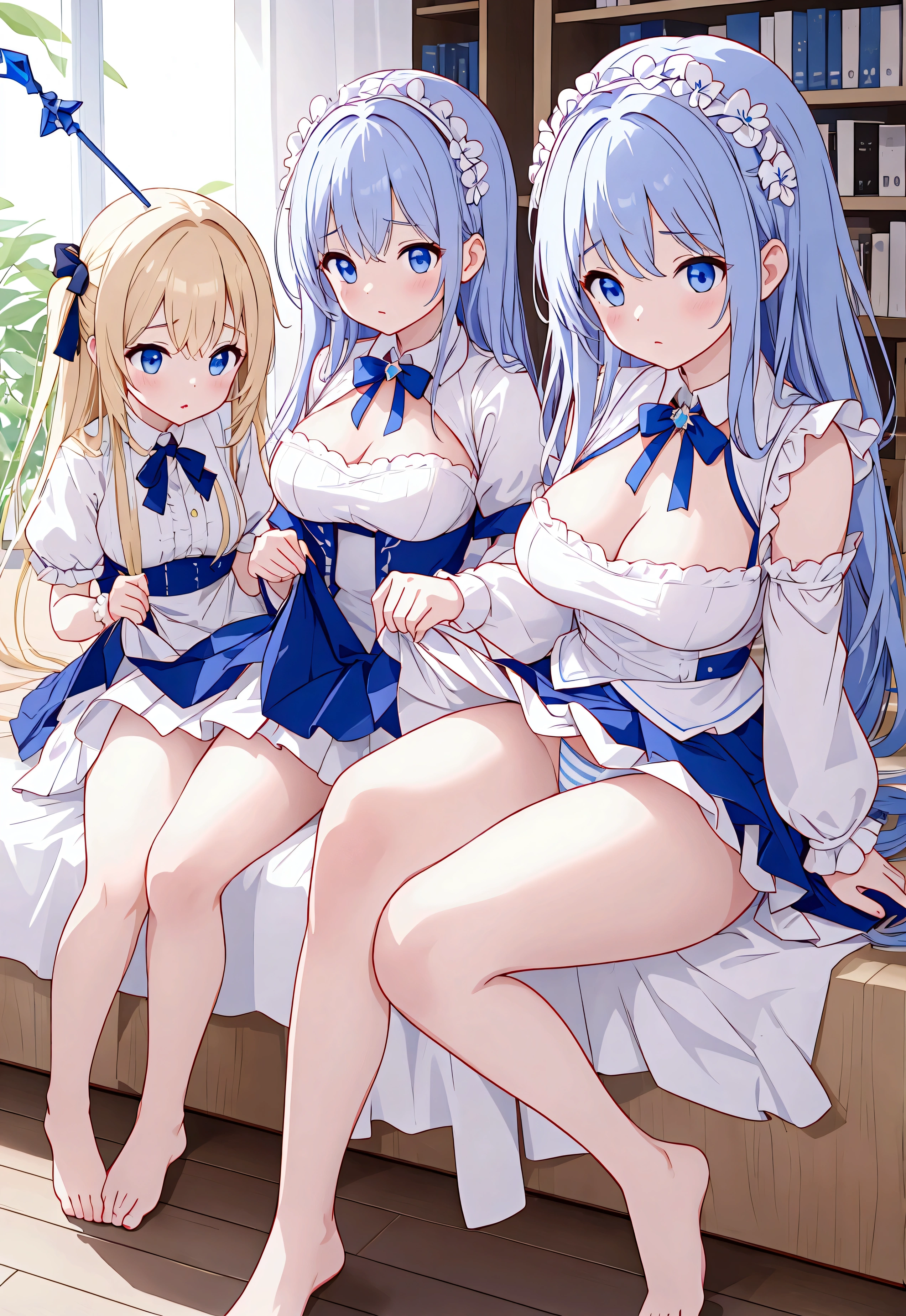 Plain white with breasts highlightedTshirt、Breasts visible from the neck、Ultramarine and white striped mini skirt、White frilly cute underwear is visible when the skirt is lifted、barefoot、library、Three girls with different heights、Magical girl with a magic wand