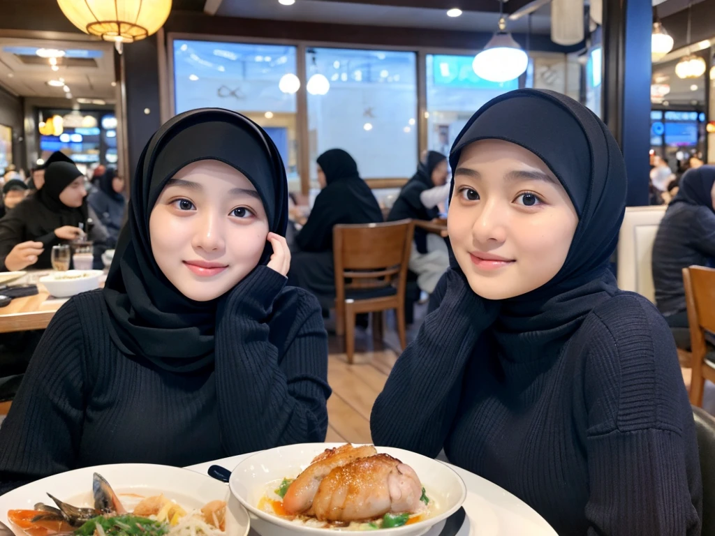 beautiful muslim, hijab, abaya, twirling hijab, 17 years old japanese girl, baby face, round face, 165cm height, natural big breast, black matte hijab, sky blue sweater, having dinner with me in a busy seafood restaurant in a mall, looking to me,
