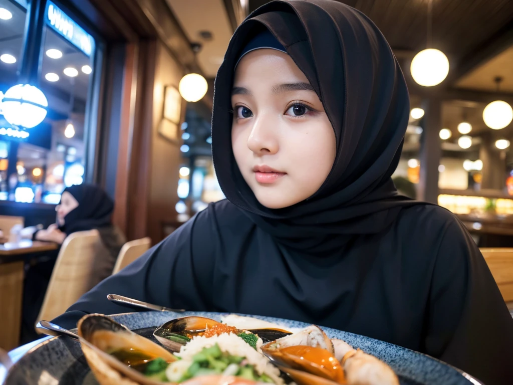 beautiful muslim, hijab, abaya, twirling hijab, japanese girl, baby face, round face, 165cm height, natural big breast, blace hijab, sky blue sweater, having dinner with me in a busy seafood restaurant in a mall, looking to me,