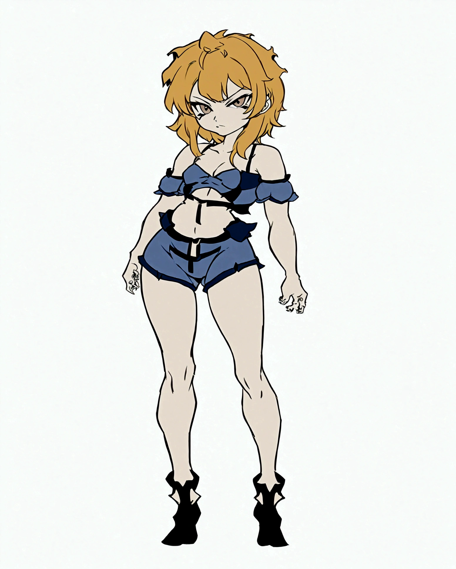 Teenage girl, blonde hair, white skin, light brown eyes, short hair down to her shoulders, black jeans, low-cut blouse, matching colors, anime style, semi realistic, full body, character sheet