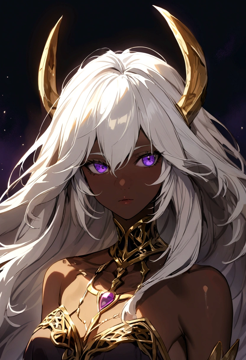 A Dark Elven Woman with Brown Skin White Hair and Purple Eyes