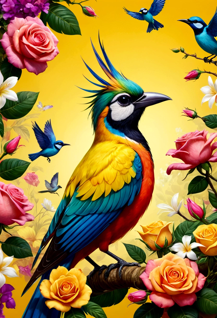 a closeup of a colorful bird and flowers on a yellow background, highly obra de arte digital detallada, Colorful birds, aves tropicales, Great colorful images, obra de arte digital detallada, colorful high definition image, floral explosion, birds and butterflies, Birds of Paradise, arte digital muy detallado, hermoso arte UHD 4K, Many birds and roses fly around, Arte digital detallado 4k