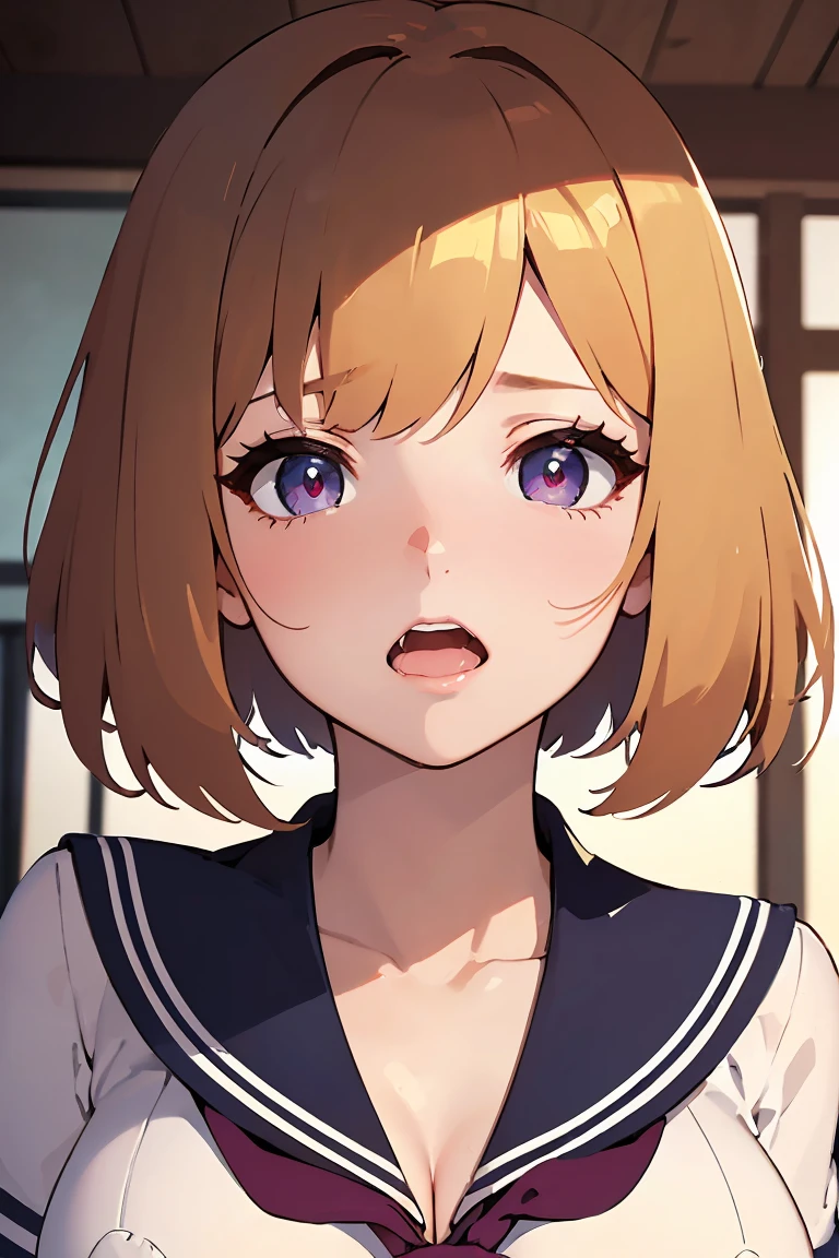 masterpiece, absurdres, best quality, ultra detailed, high Resolution, detailed illustration, bright colour, (extremely beautiful detailed face and eyes, Delicate beautiful face, 1 girl, cute face:1.3), (magenta eyes:1.1), sparkling eyes, big eyes, medium breasts, (perky breasts:1.1), (pointy breasts:1.1), medium hips, glamorous body, white skin, BREAK, long bob cut, (blonde hair:0.8), messy hair, detailed hair, shiny hair, BREAK (Sailor suit, no brassiere:1.3), perfect lighting, (embarrassed:1.3), (ecstasy, vulgarity:1.5), (trembling:0.8), classroom, Titty fuck,