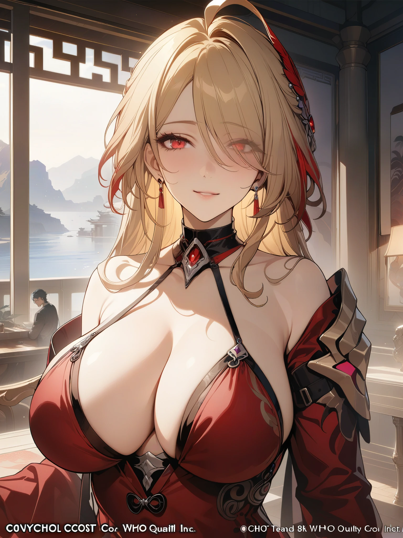 (masterpiece, quality upper body_upper, best quality, official art, beautiful and aesthetic: 1.2), (8k, best quality, masterpiece: 1.2), (((masterpiece))) ,(( (best quality))),((( extremely detailed))), illustration, who, (masterpiece, top quality, best quality, official art, beautiful and aesthetic: 1,2), (8k, best quality, masterpiece: 1,2), acheron_red, happy smile_ beautiful smile_1girl, ahoge, arm_behind_back, red dress, chinese oriental dress, comment request, cowboy photo, high resolution, indoors, big breasts, long sleeves, looking at the viewer_ Korean bangs_well-aligned eyes_ eyes in proportion to her face _official_red_eye_color, blonde_hair_color golden_official, ribbed_sweater, solo, standing, red dress, Chinese oriental dress _ phoenix clip_golden_