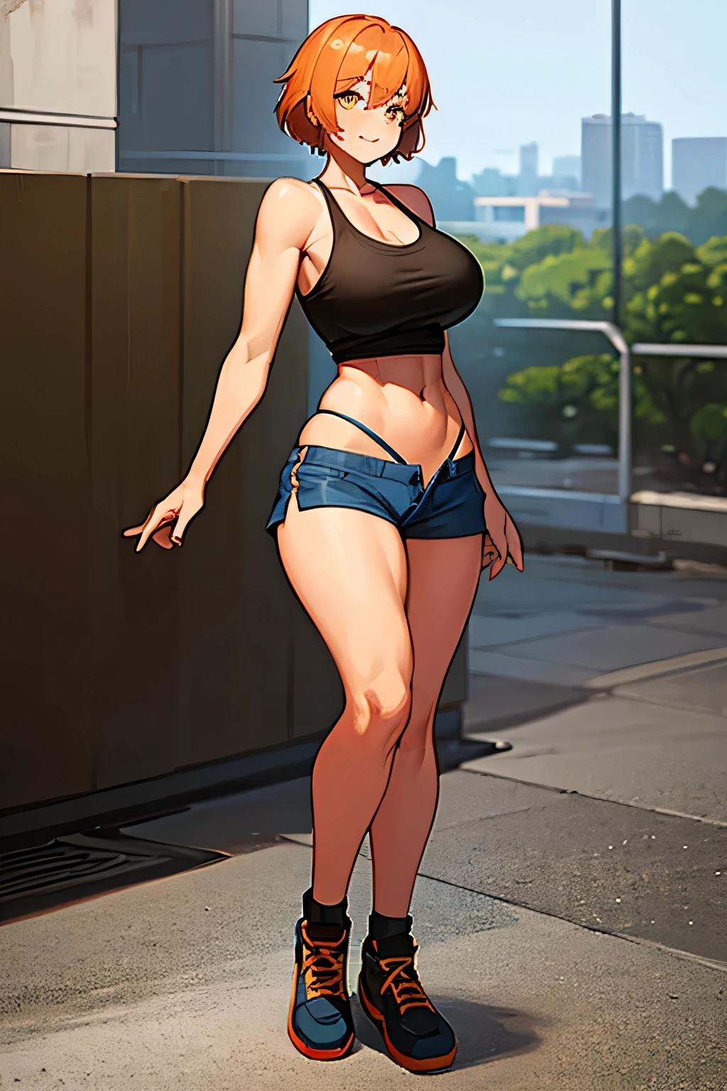 1girl, short orange hair, black-green eyes, tank top orange, blue shorts, black footwear, deep cleavage, large breasts, outside, sunny day, realistic, glowing eyes, full body, navel, musclular girl, thigh, 18th , big muscle, smile, city