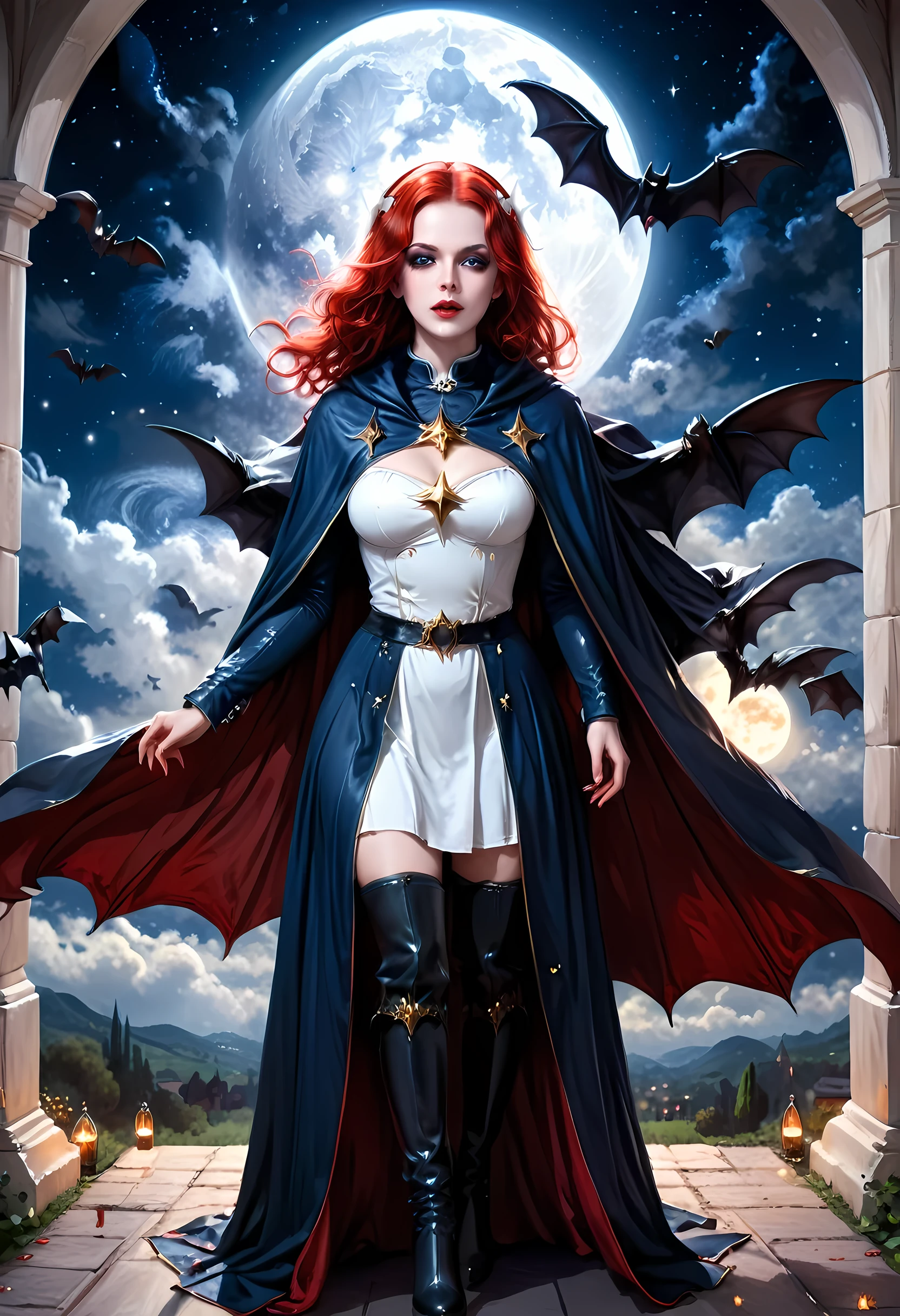 a picture of an exquisite beautiful female nun vampire standing under the starry night sky on the porch of her monastery, ultra feminine, (pale skin: 1.3), red hair, wavy hair, dynamic eyes color, cold eyes, glowing eyes, intense eyes, dark red lips, ((fangs: 1.1)), wearing (white nun tight וuniform: 1.3), wearing (blue cloak: 1.3), long cloak, flowing cloak, wearing (high heeled boots: 1.3), sky full of stars background, moon, bats flying about, action shot, high details, best quality, 16k, ((ultra detailed: 1.5)), masterpiece, best quality, portrait shot, photorealism, dark fantasy art, gothic art, many stars, sense of dread, GlowingRunesAI_red, Cinematic Hollywood Film style, ((no nudity: 1.5))