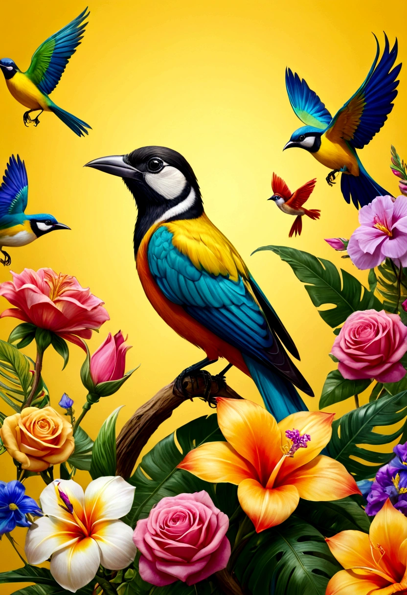 several colorful bird and flowers on a yellow background, highly obra de arte digital detallada, Colorful birds, aves tropicales, Great colorful images, obra de arte digital detallada, colorful high definition image, floral explosion, birds and butterflies, Birds of Paradise, arte digital muy detallado, hermoso arte UHD 4K, Many birds and roses fly around, Arte digital detallado 4k
