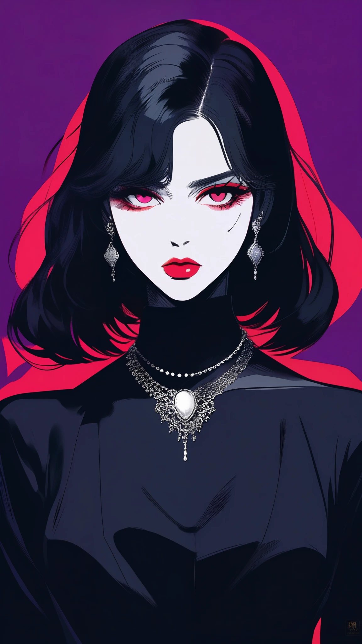 (best quality,4k,8k,highres,masterpiece:1.2),ultra-detailed,(realistic,photorealistic,photo-realistic:1.37),1 girl,detailed lips,black dress,custom,neon hair,textured cropping,style retro classic,noir dark,art,sketch book,bob hair black:1.75,neon:1.32,bad women,dark shadows,illustrator,anime,background dark monochrome