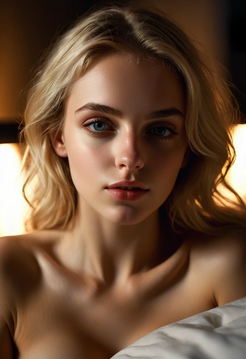 une jeune fille de 19 ans allongée sur un lit, cheveux blond, very small breasts, beaux seins, very detailed breasts, ultra Realistic breasts, pale skin, corps maigre des coureurs, Regarder le spectateur, (D'ailleurs'interior, Nuit, darkness, dark room:1.2) side on, cheveux courts, Lighting'ambiance, maussade et graveleux, Lightingiscret, photo 8k high resolution détaillée, detailed context, plan large angle hollandais, detailed girl with beautiful eyes, nez, and lips, (Best quality,4k,8k,high resolution,Chef-d'ouvrages d'art:1.2),ultra-detailed,(Realistic,photoRealistic,photo-Realistic:1.37), hdr, UHD, Lightinge studio, peinture ultra fine, acuity, physics-based rendering, Extremely detailed description, professionnel, Des couleurs vives, Bokeh, la photographie, dans position chaude, nue
