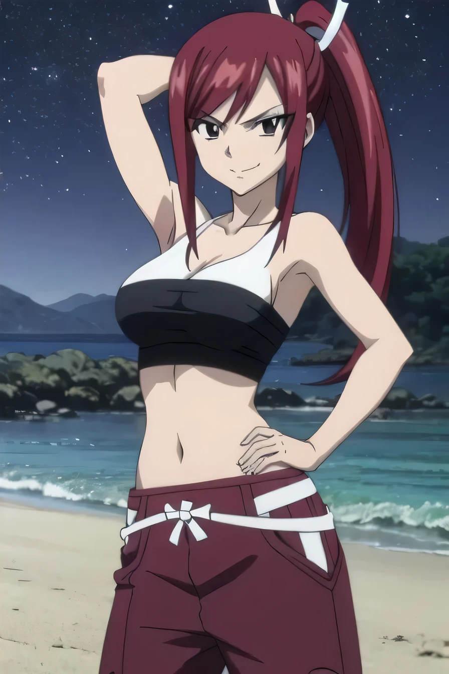 1girl, solo, (cowboy shot:1.5), solo, night sky, beach, arm behind head, hand on hip, contrapposto, spread armpits, looking at viewer, best quality, black eyes, brown eyes, smirk, collarbone, blue sky, high ponytail, sideboob, anime coloring, ERZASCARLET, SARASHI, CHEST SARASHI, RED HAKAMA, MIDRIFF, BARE SHOULDERS, PONYTAIL