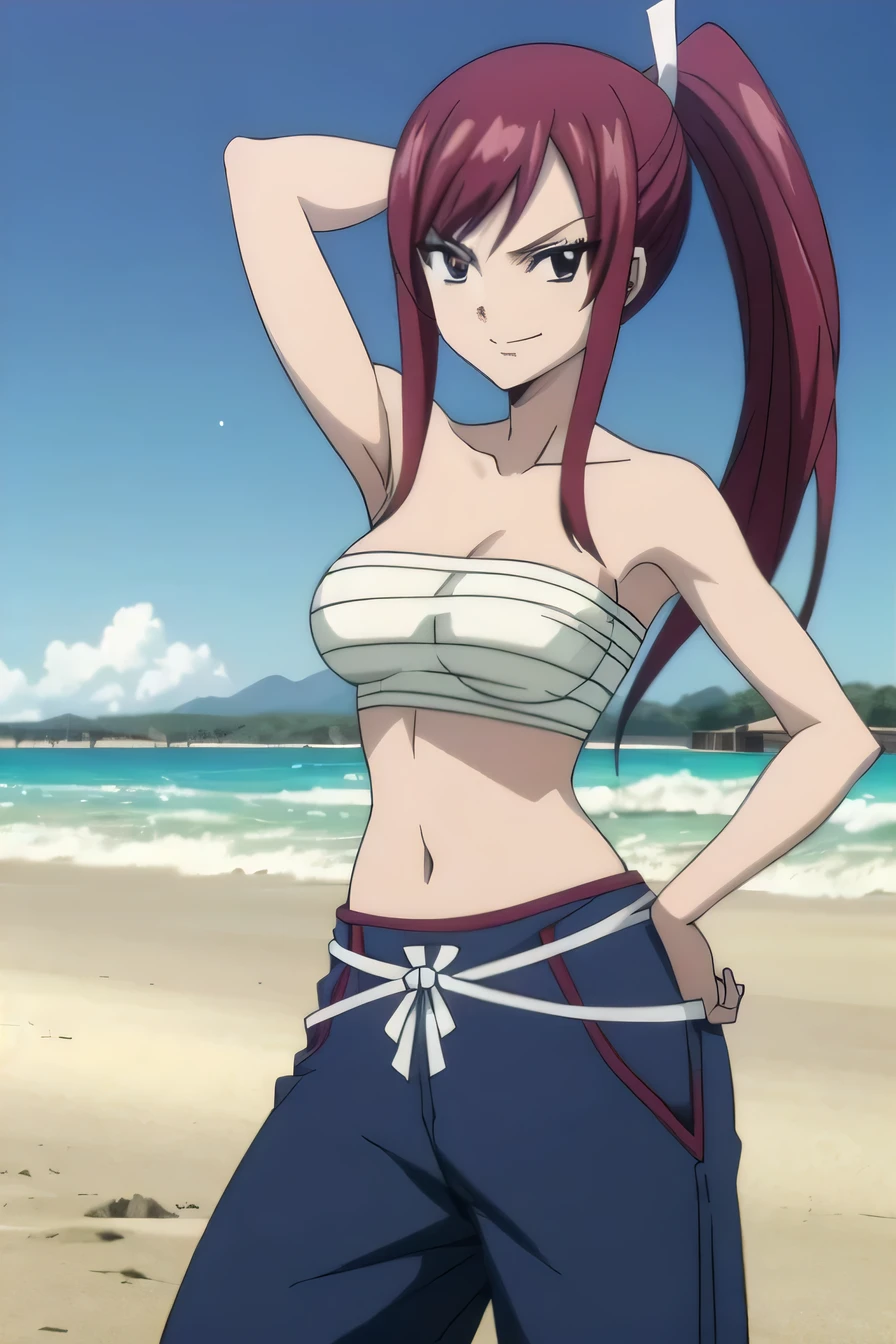 1girl, solo, (cowboy shot:1.5), solo, night sky, beach, arm behind head, hand on hip, contrapposto, spread armpits, looking at viewer, best quality, black eyes, brown eyes, smirk, collarbone, blue sky, high ponytail, sideboob, anime coloring, ERZASCARLET, SARASHI, CHEST SARASHI, RED HAKAMA, MIDRIFF, BARE SHOULDERS, PONYTAIL