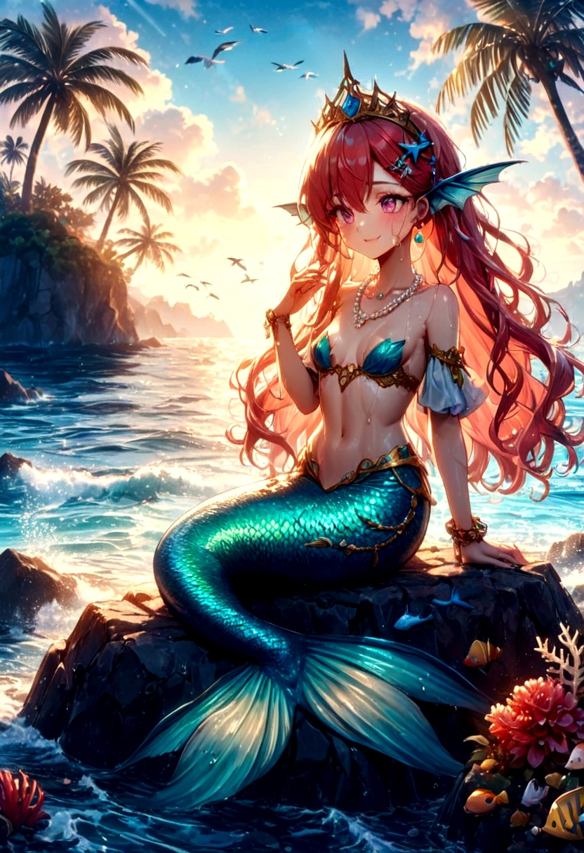 (best quality,4k,8k,highres,masterpiece:1.2),ultra-detailed, drawn in anime style, Pretty princess magically transformed into a beautiful mermaid, race swap, fantastic transformation, steampunk, fish like, wet body, dominant shades of red, long and detailed mermaid tail with shimmering red fish scales, fins ears, very long pigtails red hair that sparkles in the light, pearl hair ornaments, sharp teeth, is smiling, pink eyes, small breast, long pelvic and dorsal fins, pair of fish gills on her neck and torso, red shell bra, starfish hair clips, pearl earrings and bracelets, pearl necklace, hair ribbons, gold tiara, embracing her new life has a mermaid, joyful expression, sitting on a rock, sandy beach, brushing her hair, ocean waves,sparkling water,coconut trees,seagulls,vibrant colors,magical glow,shimmering scales,sea breeze,warm sunlight,joyful expression,island paradise,lush tropical plants,dynamic composition,soft and smooth lines,expressive facial features,gentle water reflections,serene atmosphere, Highly detailed, masterpiece, high quality, 4K