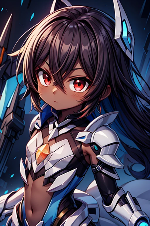 (((dark skin tone))),dark skin male, femboy, dark skin, cute shota,red eyes, blue mecha hairpin, dark brown hair medium hair,wearing a black exoskeleton, detached sleeves, blue mecha Gauntlets, black full bodysuit, honkai impact herrscher of reason,full armour mecha_musame,Elsword, orange gem on chest, close up