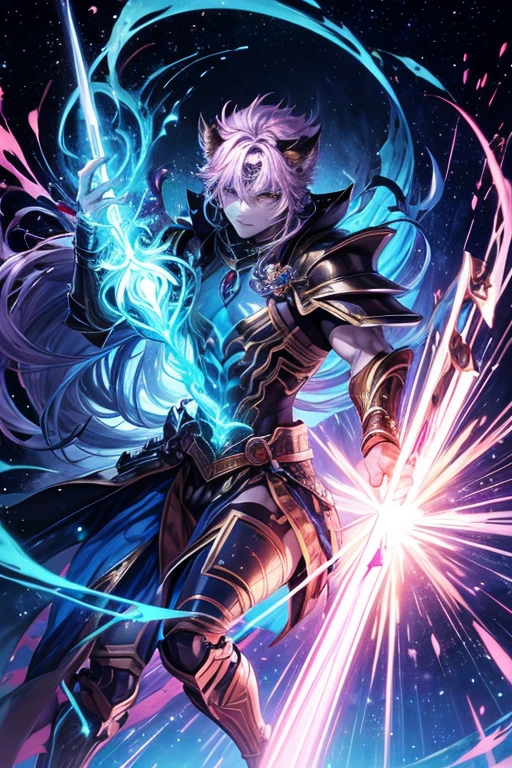 a warrior tiger god, full body, using a long spear, and leather armor, muscular, pink and navy blue, vibrant, in the bright cosmos, a hairy young man with an ethereal and devilish behavior appears, his features bathed in the lunar glow. His skin, pink and navy blue striped, reflecting like a mirror, the starry night.  Within its captivating gaze, galaxies swirl, vibrant hues of cosmic dust and celestial wonders painting a mesmerizing tapestry in shades of blue.  Adorning its ferociously caged mouth are a pair of saber-toothed fangs, a sharp addition that adds a savage touch to its captivating gaze.  His presence evokes a sense of pride, drawing the viewer into a realm where darkness and beauty intertwine. As his presence commands attention, the enigmatic allure of this captivating figure captivates the imagination, inviting contemplation of the hidden depths that lie beneath his captivating gaze.