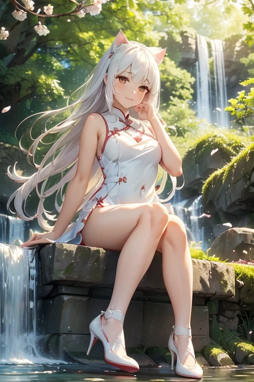 adult japanese cat girl, breathtaking cherry tree forest, falling cherry petal, ((white elegant sleeveless long cheongsam dress)), smooth and beautiful legs, ((brown eye color)), long hair flowing in the wind, ((white hair), ((white high heeled pumps shoes)), beautiful nature, japanese countryside, small water spring with small waterfall, ((high quality)), extremely detailed, (bokeh), dof, (hand on chest), large breasts, sitting in front of a cherry tree, elegant mossy stone structure, (classy elegant lady sitting pose), side swept bangs, looking up into the far distance, smug face, (girly hand pose), realistic body anatomy, (white cat ears), evening golden hour, sun god rays, ((thin white cat tail))