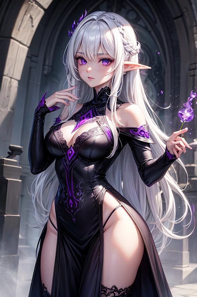 A Dark Elven Woman with White Hair and Purple Eyes (NSFW)