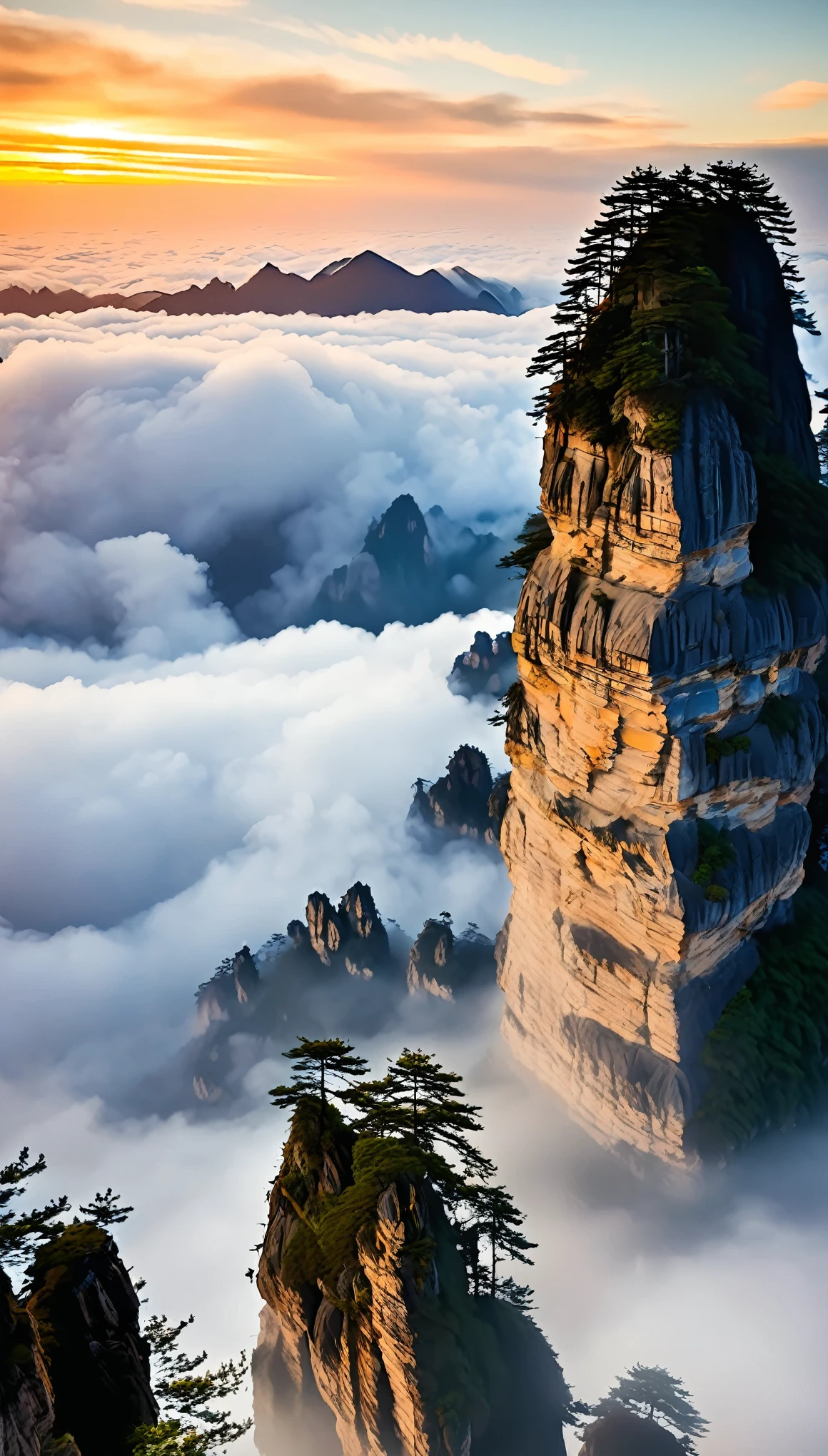 With ultra-high definition images、A breathtaking panorama opens up:A small temple with intricate carvings atop a rocky mountain in Guizhou, China。exuding a warm and inviting ambiance。The clouds form a picturesque backdrop、Adds a sense of serenity and tranquility。The temple architecture, perched precariously on the top of a sharp rocky mountain,、Reach out and touch the intricate carvings、Feel the cool breeze blowing from the top of the mountain、It&#39;s an amazingly realistic sight。An image seen from above。