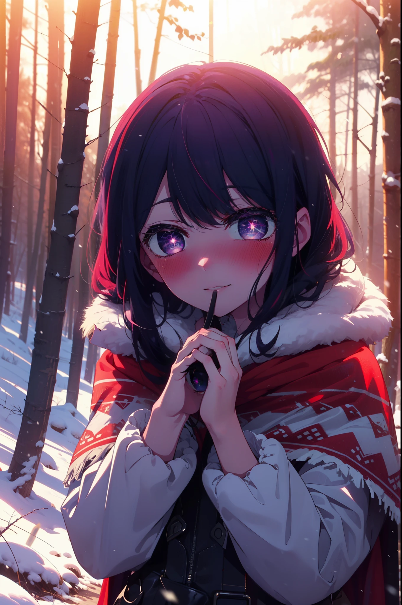 aihoshino, Ai Hoshino, Long Hair, bangs, (Purple eyes:1.1), Purple Hair, (Symbol-shaped pupil:1.5), smile,,smile,blush,White Breath,
Open your mouth,snow,Ground bonfire, Outdoor, boots, snowing, From the side, wood, suitcase, Cape, Blurred, , forest, White handbag, nature,  Squat, Mouth closed, Cape, winter, Written boundary depth, Black shoes, red Cape break looking at viewer, Upper Body, whole body, break Outdoor, forest, nature, break (masterpiece:1.2), highest quality, High resolution, unity 8k wallpaper, (shape:0.8), (Beautiful and beautiful eyes:1.6), Highly detailed face, Perfect lighting, Extremely detailed CG, (Perfect hands, Perfect Anatomy),