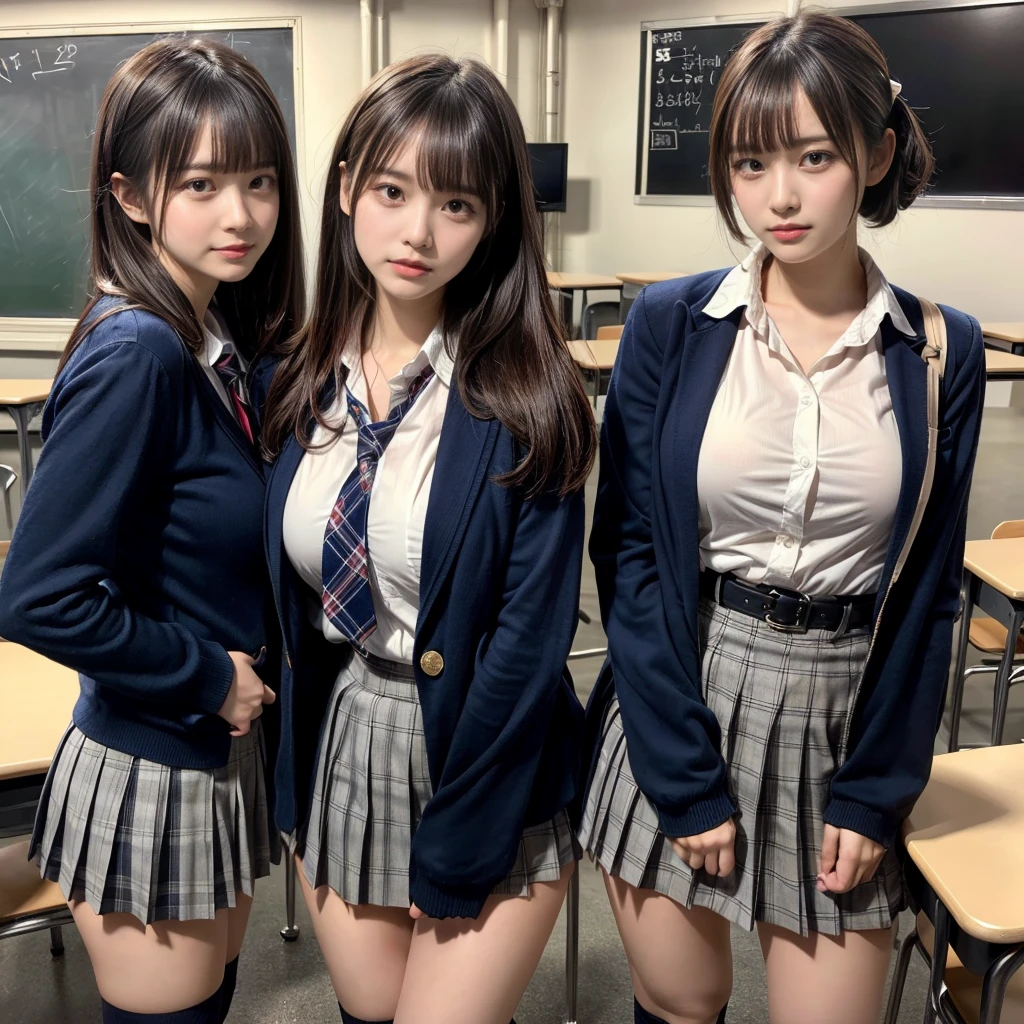 masterpiece, best quality, illustration, Super detailed, fine details, High resolution, 8K,wall paper, perfect dynamic composition,(Details High quality, realistic depiction of eyes:1.3), (2 girls, 2 schoolgirls:1.2), from side, High School Classroom、High school girl uniform、blazer 、Super Short Check Uniform Skirt、Navy blue high socks、garterbelts、Colossal tits、Disturbed uniform, short bob hair, black hair color, huge breasts, Big Natural Color Lip, bold sexy pose, (perfect body shape), crying a little、 Harajuku style、20 year old girl、 beautiful legs, hposing Gravure Idol, Voluptuous thighs