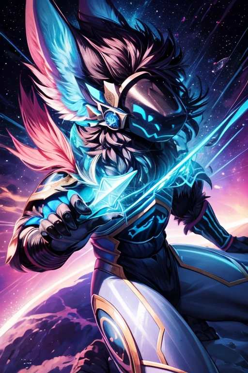 a warrior tiger god, full body, using a long spear, and leather armor, muscular, pink and navy blue, vibrant, in the bright cosmos, a hairy young man with an ethereal and devilish behavior appears, his features bathed in the lunar glow. His skin, pink and navy blue striped, reflecting like a mirror, the starry night. Within its captivating gaze, galaxies swirl, vibrant hues of cosmic dust and celestial wonders painting a mesmerizing tapestry in shades of blue. Adorning its ferociously caged mouth are a pair of saber-toothed fangs, a sharp addition that adds a savage touch to its captivating gaze. His presence evokes a sense of pride, drawing the viewer into a realm where darkness and beauty intertwine. As his presence commands attention, the enigmatic allure of this captivating figure captivates the imagination, inviting contemplation of the hidden depths that lie beneath his captivating gaze.