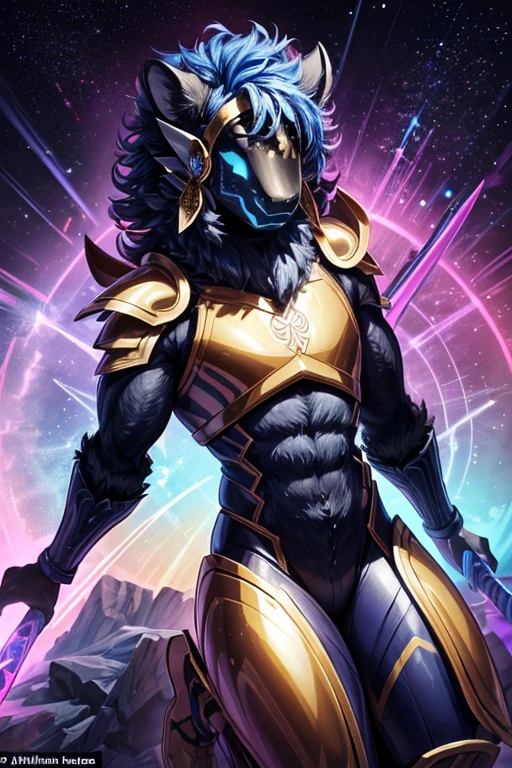 a warrior tiger god, full body, using a long spear, and leather armor, muscular, pink and navy blue, vibrant, in the bright cosmos, a hairy young man with an ethereal and devilish behavior appears, his features bathed in the lunar glow. His skin, pink and navy blue striped, reflecting like a mirror, the starry night.  Within its captivating gaze, galaxies swirl, vibrant hues of cosmic dust and celestial wonders painting a mesmerizing tapestry in shades of blue.  Adorning its ferociously caged mouth are a pair of saber-toothed fangs, a sharp addition that adds a savage touch to its captivating gaze.  His presence evokes a sense of pride, drawing the viewer into a realm where darkness and beauty intertwine. As his presence commands attention, the enigmatic allure of this captivating figure captivates the imagination, inviting contemplation of the hidden depths that lie beneath his captivating gaze.