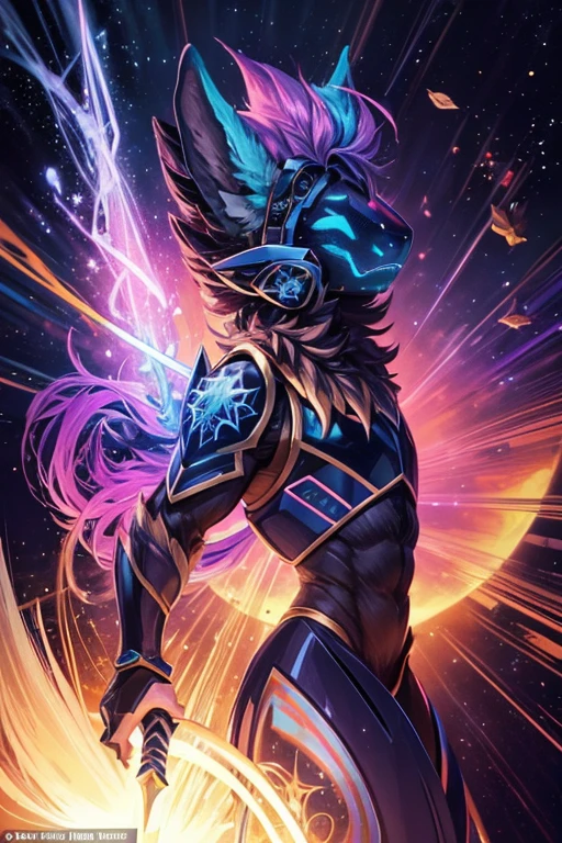 a warrior tiger god, full body, using a long spear, and leather armor, muscular, pink and navy blue, vibrant, in the bright cosmos, a hairy young man with an ethereal and devilish behavior appears, his features bathed in the lunar glow. His skin, pink and navy blue striped, reflecting like a mirror, the starry night. Within its captivating gaze, galaxies swirl, vibrant hues of cosmic dust and celestial wonders painting a mesmerizing tapestry in shades of blue. Adorning its ferociously caged mouth are a pair of saber-toothed fangs, a sharp addition that adds a savage touch to its captivating gaze. His presence evokes a sense of pride, drawing the viewer into a realm where darkness and beauty intertwine. As his presence commands attention, the enigmatic allure of this captivating figure captivates the imagination, inviting contemplation of the hidden depths that lie beneath his captivating gaze.