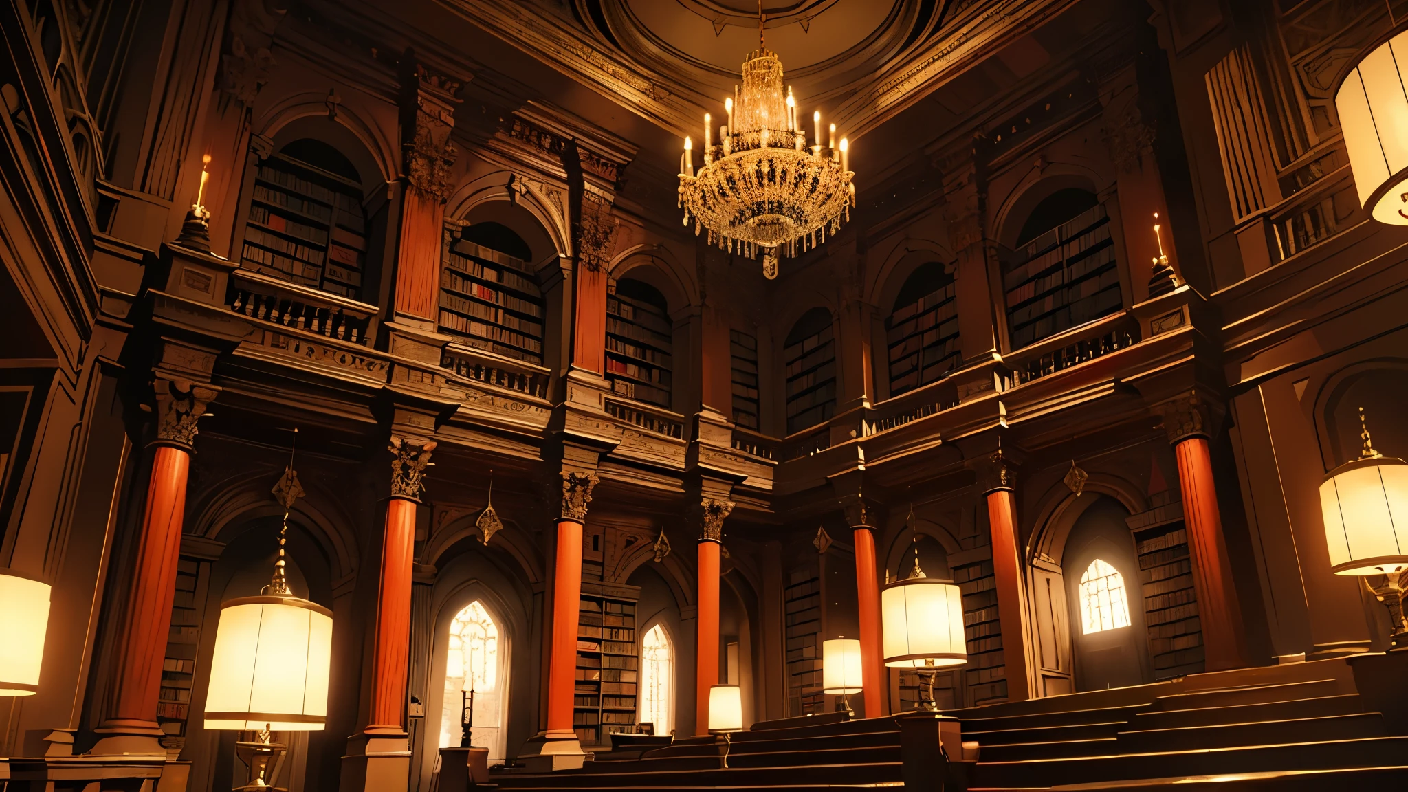 intricate old library, dark red and black colors, gold accents, ornate architecture, high ceilings, wooden bookshelves, antique books, chandelier, dramatic lighting, mysterious atmosphere, photorealistic, ultra-detailed, masterpiece, cinematic lighting, chiaroscuro, renaissance style