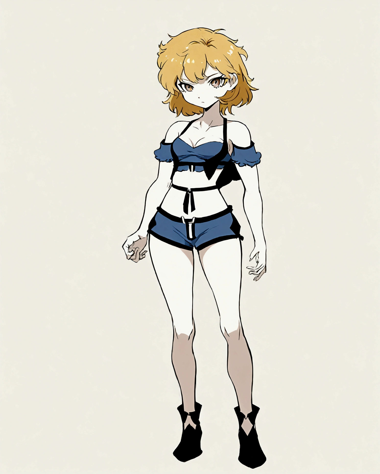 Teenage girl, blonde hair, white skin, light brown eyes, short hair down to her shoulders, black jeans, low-cut blouse, matching colors, anime style, semi realistic, full body, character sheet
