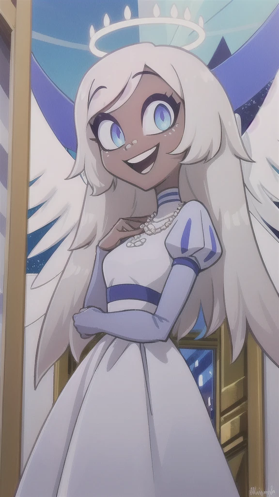 1girl, solo, masterpiece, best quality, Emily, angel, angel wings, halo, long hair, smile, blue eyes, white hair, (grey skin:1.2), colored skin, light blue sclera, very long hair, open mouth, wearing a white lace blouse with puff sleeves and a short, flared skirt. She has a pearl necklace and is posing in a room with decorative elements like dried flowers and a gold-framed mirror. The image has a relaxed, stylish vibe.
