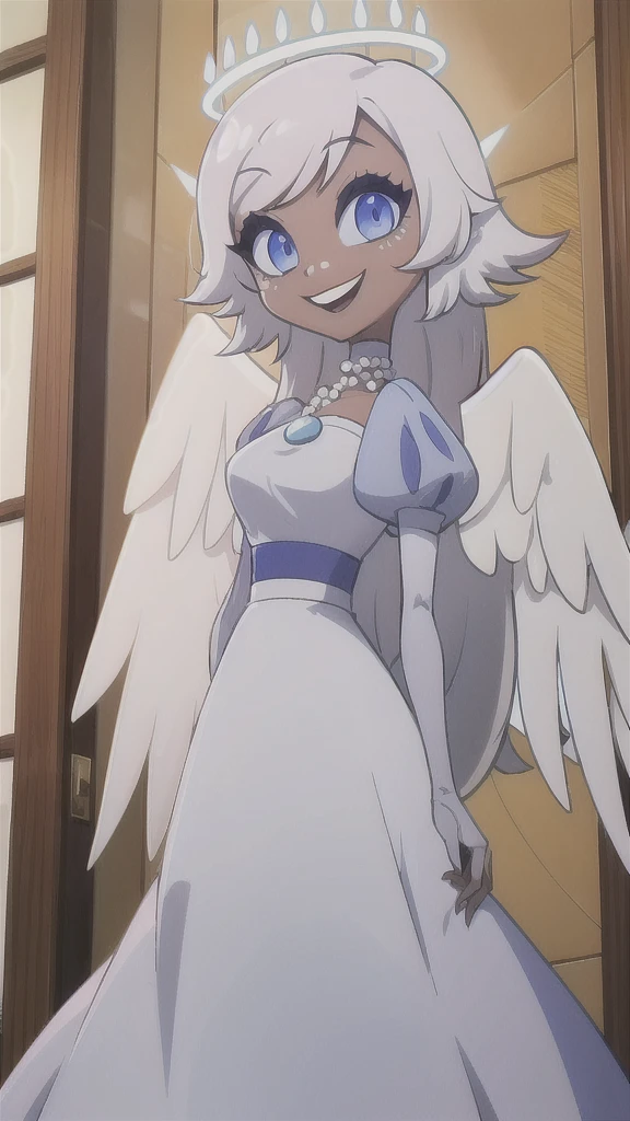 1girl, solo, masterpiece, best quality, Emily, angel, angel wings, halo, long hair, smile, blue eyes, white hair, (grey skin:1.2), colored skin, light blue sclera, very long hair, open mouth, wearing a white lace blouse with puff sleeves and a short, flared skirt. She has a pearl necklace and is posing in a room with decorative elements like dried flowers and a gold-framed mirror. The image has a relaxed, stylish vibe.