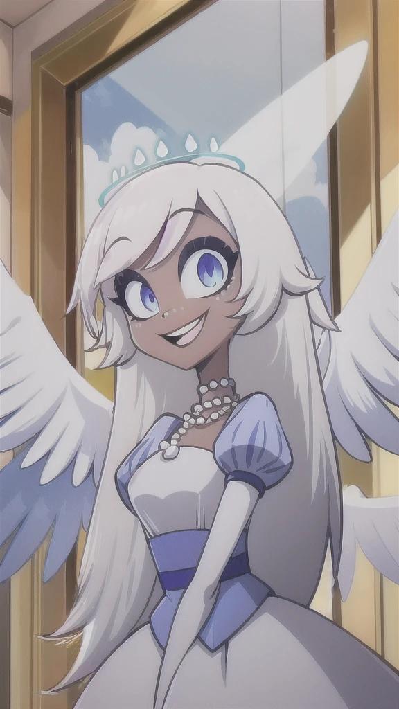 1girl, solo, masterpiece, best quality, Emily, angel, angel wings, halo, long hair, smile, blue eyes, white hair, (grey skin:1.2), colored skin, light blue sclera, very long hair, open mouth, wearing a white lace blouse with puff sleeves and a short, flared skirt. She has a pearl necklace and is posing in a room with decorative elements like dried flowers and a gold-framed mirror. The image has a relaxed, stylish vibe.