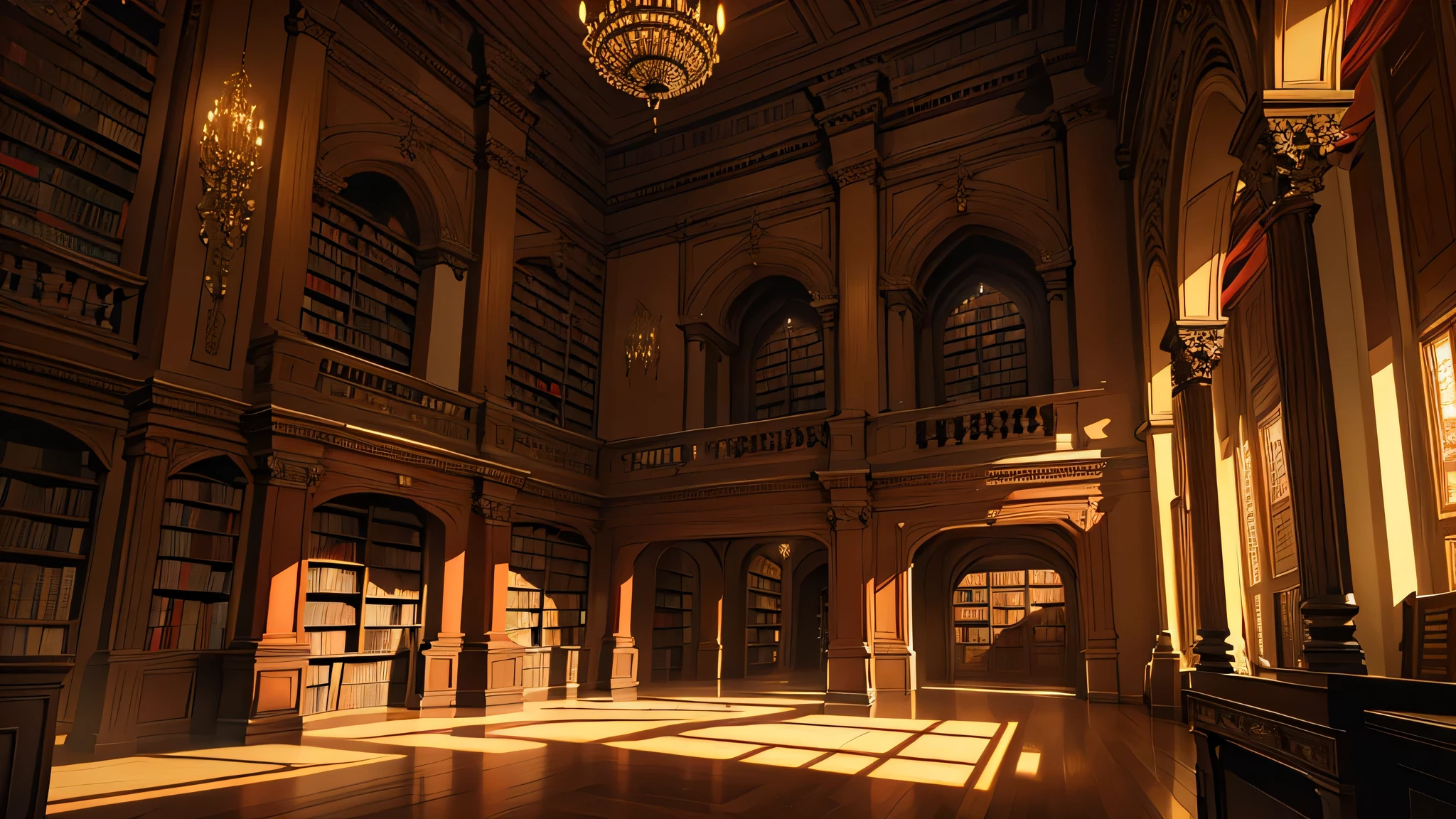 intricate old library, dark red and black colors, gold accents, ornate architecture, high ceilings, wooden bookshelves, antique books, chandelier, dramatic lighting, mysterious atmosphere, photorealistic, ultra-detailed, masterpiece, cinematic lighting, chiaroscuro, anime style