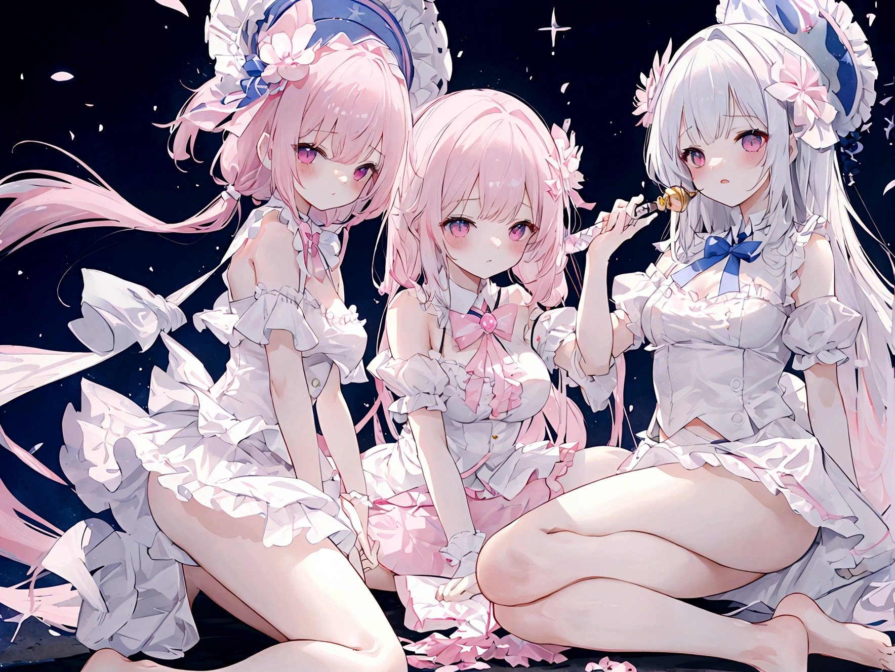 Plain white with breasts highlightedTshirt、Breasts visible from the neck、Pink frilly mini skirt、Ultramarine and white striped mini skirt、White frilly cute underwear is visible when the skirt is lifted、Red cute underwear、barefoot、library、Three girls with different heights、Magical girl with a magic wand