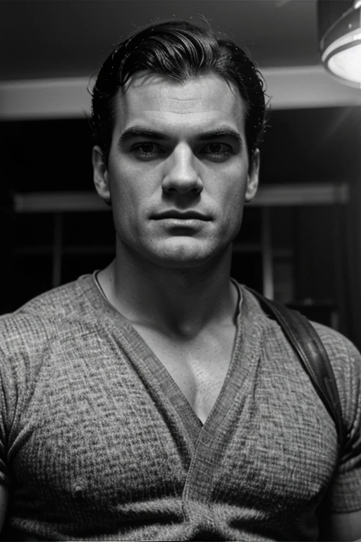 As Henry Cavil would look in the 50s.hyper realistic. 50's setting,  (cinematic shot:1.3) vintage photo