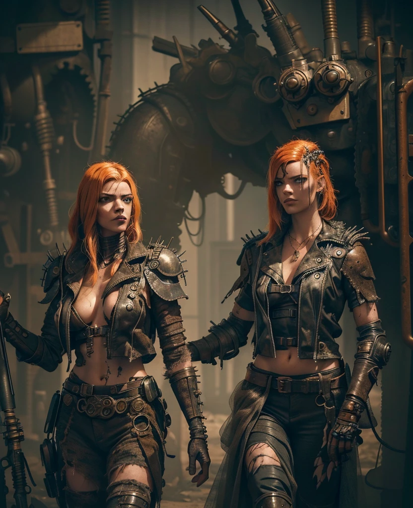 (((mulher))), (((melhor qualidade))), (((obra prima))), (((adulto))), (((1girl))), ((( corte de cabelo bob ))), A highly detailed and realistic skull girl,( Anya. Taylor Joy) cyberpunk character, mad max furiosa, one hand robot, cyborg arm, orange hair, dramatic metal heavy rock theme, best quality, 8k, hyperrealistic, photorealistic, extreme detailed painting, studio lighting, vivid colors, dark moody atmosphere, cinematic, dramatic pose, intricate mechanical details, glowing energy effects, intense gritty textures, seamless integration of organic and inorganic elements. Wearing the used clothes of a wastelander. Background: An apocalyptic wasteland. Dusty and depressing., sexy pose, walking