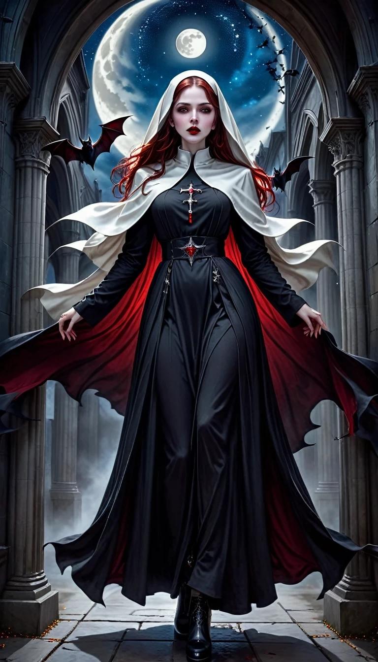 a picture of an exquisite beautiful female (nun: 1.3) vampire standing under the starry night sky on the porch of her monastary, action shot, dynamic angle (ultra detailed, Masterpiece, best quality), ultra detailed face (ultra detailed, Masterpiece, best quality), ultra feminine, (pale skin: 1.3), red hair, wavy hair, dynamic eyes color, cold eyes, glowing eyes, intense eyes, dark red lips, [fangs], wearing white nun habit (ultra detailed, Masterpiece, best quality), wearing blue cloak (ultra detailed, Masterpiece, best quality), long cloak, flowing cloak (ultra detailed, Masterpiece, best quality), wearing high heeled boots, sky full of stars background, moon, bats flying about, action shot, high details, best quality, 16k, [ultra detailed], masterpiece, best quality, (ultra detailed), full body, ultra wide shot, photorealism, dark fantasy art, dark fantasy art, gothic art, many stars, dark fantasy art, gothic art, sense of dread, bloodmagic