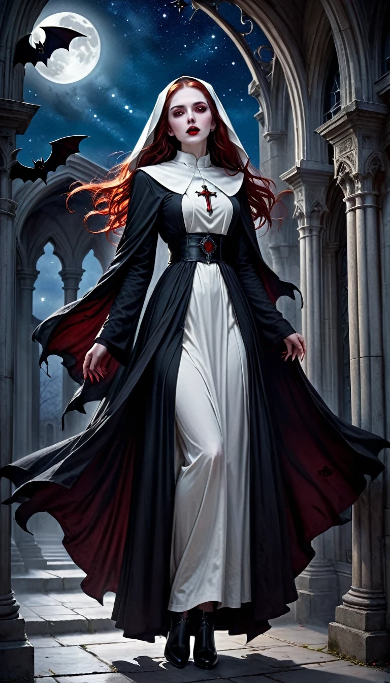 a picture of an exquisite beautiful female (nun: 1.3) vampire standing under the starry night sky on the porch of her monastary, action shot, dynamic angle (ultra detailed, Masterpiece, best quality), ultra detailed face (ultra detailed, Masterpiece, best quality), ultra feminine, (pale skin: 1.3), red hair, wavy hair, dynamic eyes color, cold eyes, glowing eyes, intense eyes, dark red lips, [fangs], wearing white nun habit (ultra detailed, Masterpiece, best quality), wearing blue cloak (ultra detailed, Masterpiece, best quality), long cloak, flowing cloak (ultra detailed, Masterpiece, best quality), wearing high heeled boots, sky full of stars background, moon, bats flying about, action shot, high details, best quality, 16k, [ultra detailed], masterpiece, best quality, (ultra detailed), full body, ultra wide shot, photorealism, dark fantasy art, dark fantasy art, gothic art, many stars, dark fantasy art, gothic art, sense of dread, bloodmagic
