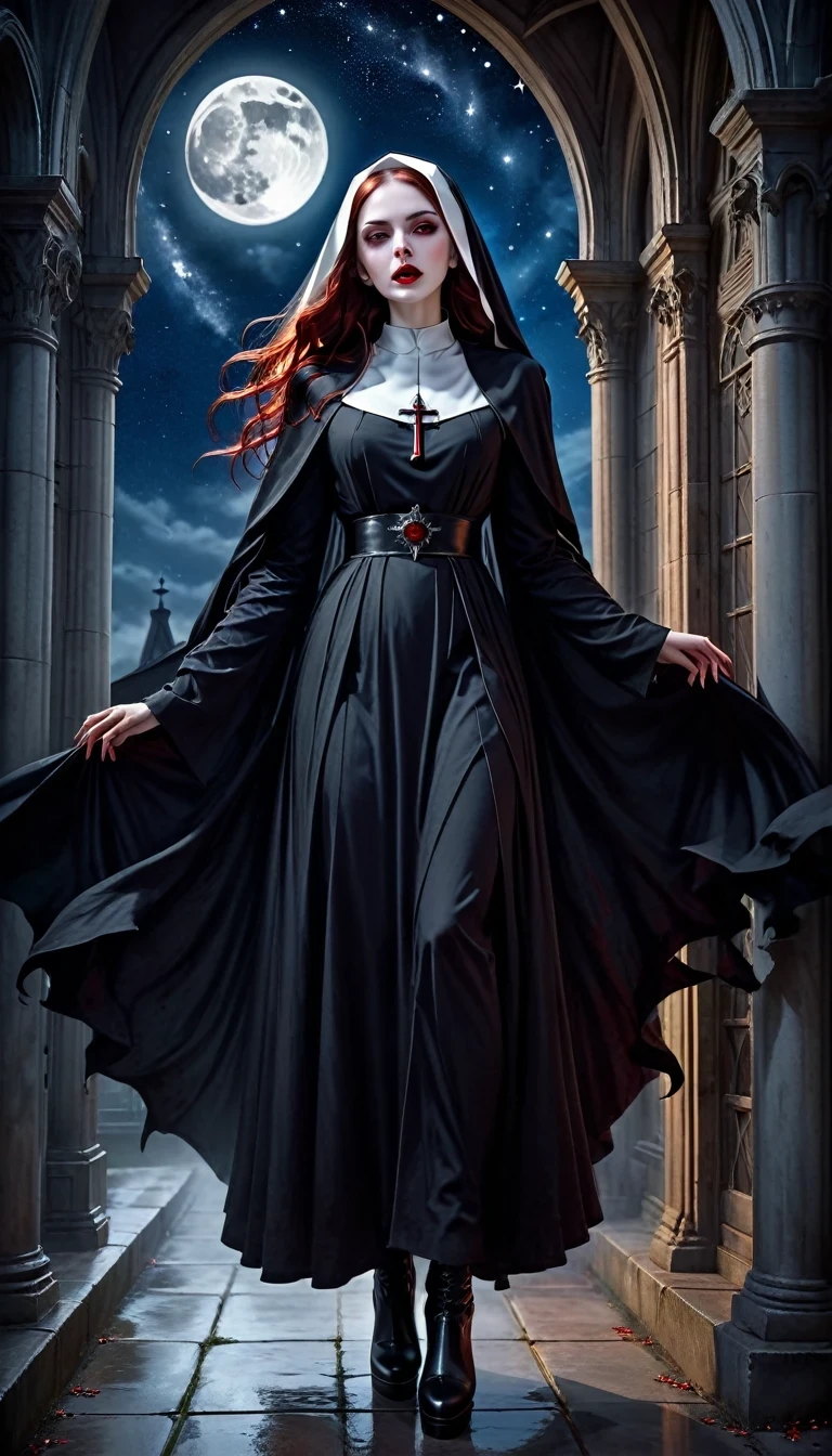 a picture of an exquisite beautiful female (nun: 1.3) vampire standing under the starry night sky on the porch of her monastary, action shot, dynamic angle (ultra detailed, Masterpiece, best quality), ultra detailed face (ultra detailed, Masterpiece, best quality), ultra feminine, (pale skin: 1.3), red hair, wavy hair, dynamic eyes color, cold eyes, glowing eyes, intense eyes, dark red lips, [fangs], wearing white nun habit (ultra detailed, Masterpiece, best quality), wearing blue cloak (ultra detailed, Masterpiece, best quality), long cloak, flowing cloak (ultra detailed, Masterpiece, best quality), wearing high heeled boots, sky full of stars background, moon, bats flying about, action shot, high details, best quality, 16k, [ultra detailed], masterpiece, best quality, (ultra detailed), full body, ultra wide shot, photorealism, dark fantasy art, dark fantasy art, gothic art, many stars, dark fantasy art, gothic art, sense of dread, bloodmagic