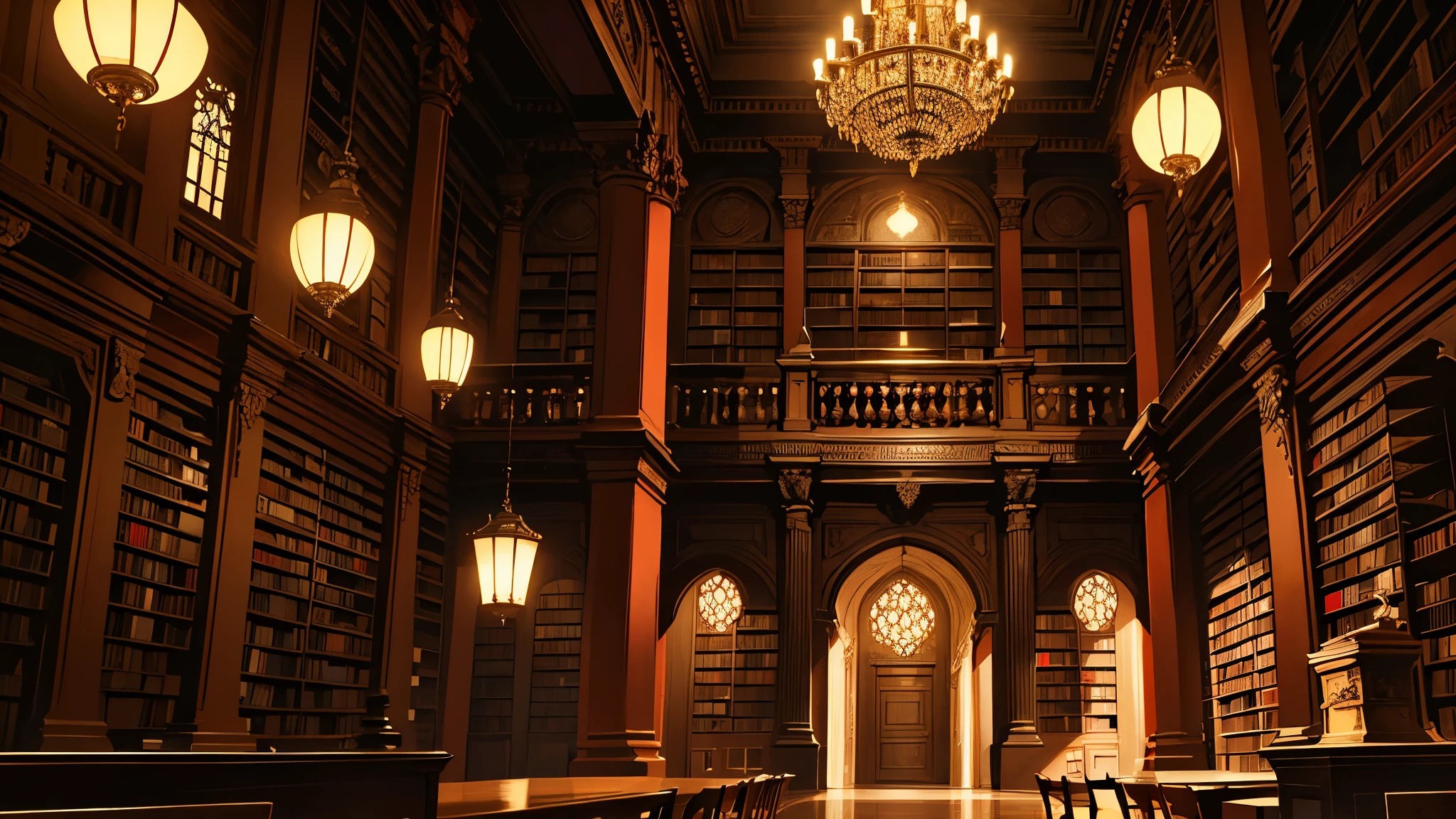 intricate old library, dark red and black colors, gold accents, ornate architecture, high ceilings, wooden bookshelves, antique books, chandelier, dramatic lighting, mysterious atmosphere, photorealistic, ultra-detailed, masterpiece, cinematic lighting, chiaroscuro, anime style