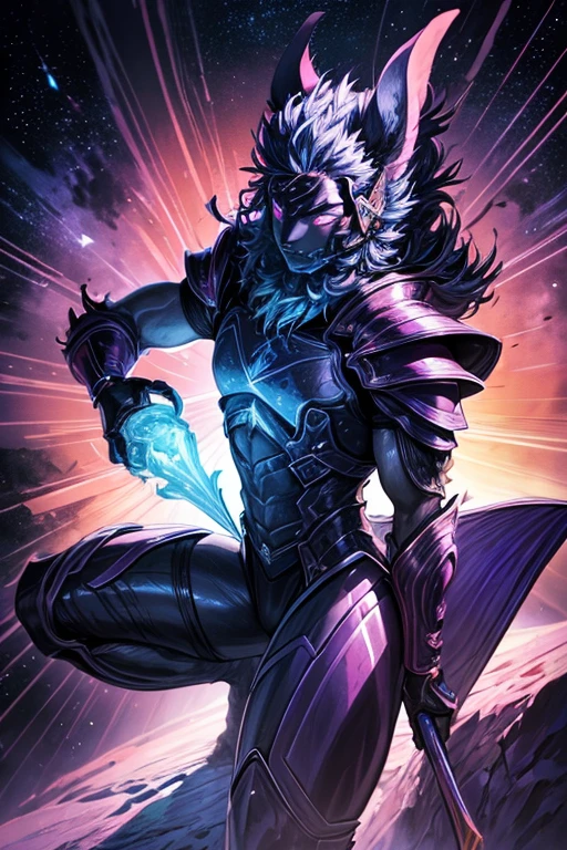 a warrior tiger god, full body, using a long spear, and leather armor, muscular, pink and navy blue, vibrant, in the bright cosmos, a hairy young man with an ethereal and devilish behavior appears, his features bathed in the lunar glow. His skin, pink and navy blue striped, reflecting like a mirror, the starry night. Within its captivating gaze, galaxies swirl, vibrant hues of cosmic dust and celestial wonders painting a mesmerizing tapestry in shades of blue. Adorning its ferociously caged mouth are a pair of saber-toothed fangs, a sharp addition that adds a savage touch to its captivating gaze. His presence evokes a sense of pride, drawing the viewer into a realm where darkness and beauty intertwine. As his presence commands attention, the enigmatic allure of this captivating figure captivates the imagination, inviting contemplation of the hidden depths that lie beneath his captivating gaze.