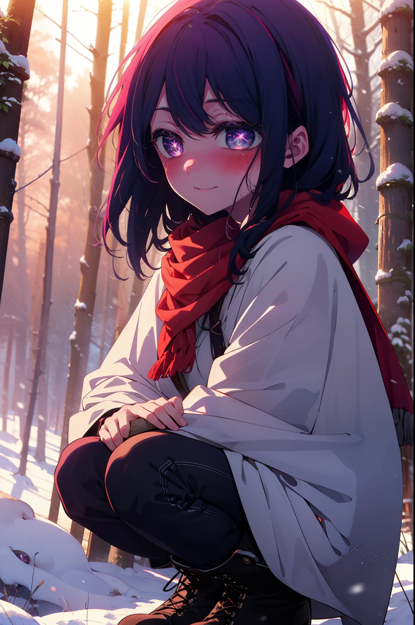 aihoshino, Ai Hoshino, Long Hair, bangs, (Purple eyes:1.1), Purple Hair, (Symbol-shaped pupil:1.5), smile,,smile,blush,White Breath,
Open your mouth,snow,Ground bonfire, Outdoor, boots, snowing, From the side, wood, suitcase, Cape, Blurred, , forest, White handbag, nature,  Squat, Mouth closed, Cape, winter, Written boundary depth, Black shoes, red Cape break looking at viewer, Upper Body, whole body, break Outdoor, forest, nature, break (masterpiece:1.2), highest quality, High resolution, unity 8k wallpaper, (shape:0.8), (Beautiful and beautiful eyes:1.6), Highly detailed face, Perfect lighting, Extremely detailed CG, (Perfect hands, Perfect Anatomy),