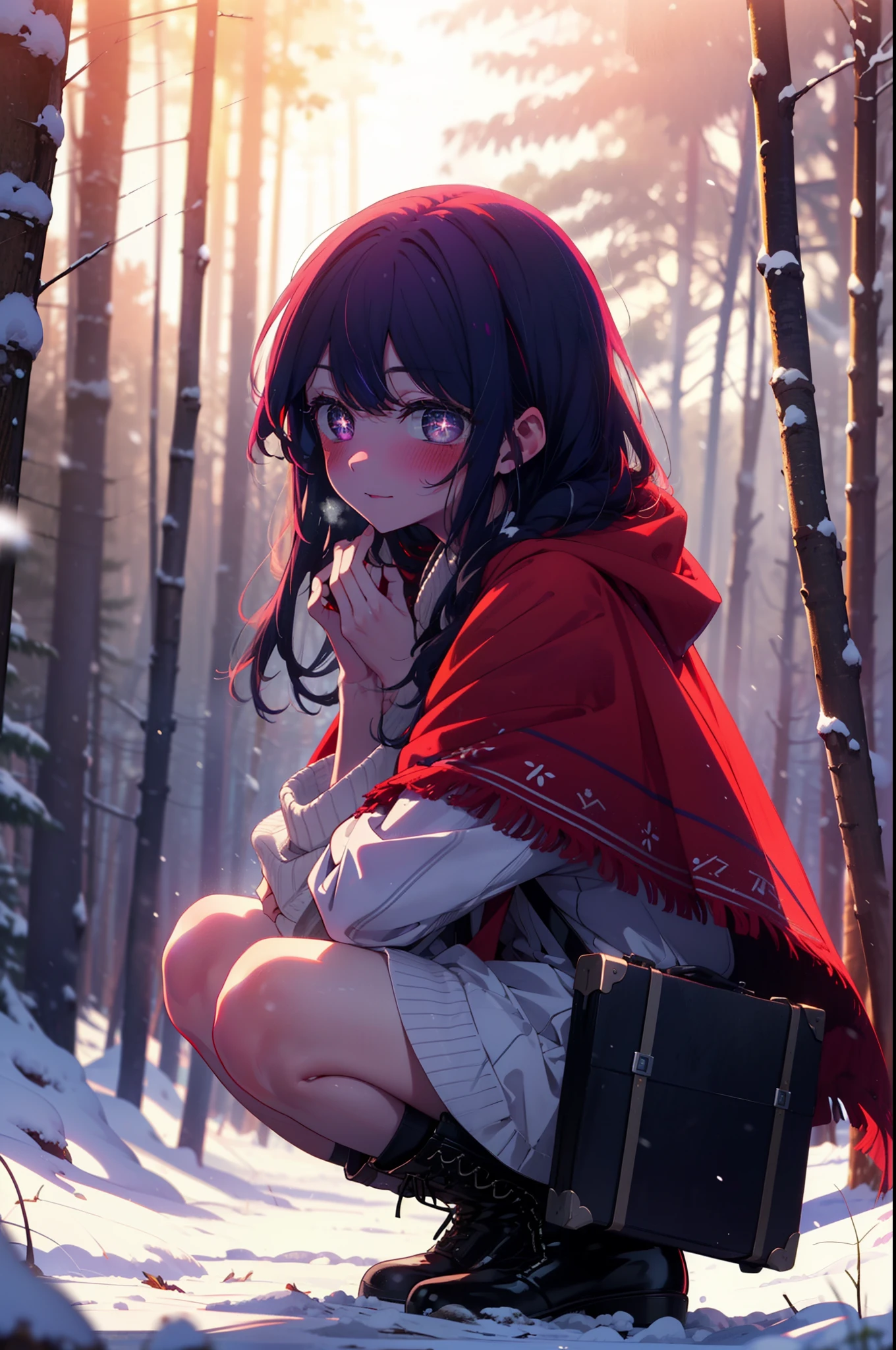 aihoshino, Ai Hoshino, Long Hair, bangs, (Purple eyes:1.1), Purple Hair, (Symbol-shaped pupil:1.5), smile,,smile,blush,White Breath,
Open your mouth,snow,Ground bonfire, Outdoor, boots, snowing, From the side, wood, suitcase, Cape, Blurred, , forest, White handbag, nature,  Squat, Mouth closed, Cape, winter, Written boundary depth, Black shoes, red Cape break looking at viewer, Upper Body, whole body, break Outdoor, forest, nature, break (masterpiece:1.2), highest quality, High resolution, unity 8k wallpaper, (shape:0.8), (Beautiful and beautiful eyes:1.6), Highly detailed face, Perfect lighting, Extremely detailed CG, (Perfect hands, Perfect Anatomy),
