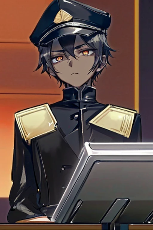 Serious expression adolescent boy wearing black cavalry  and cap, black hair slightly dark skin and amber eyes in a debate room.