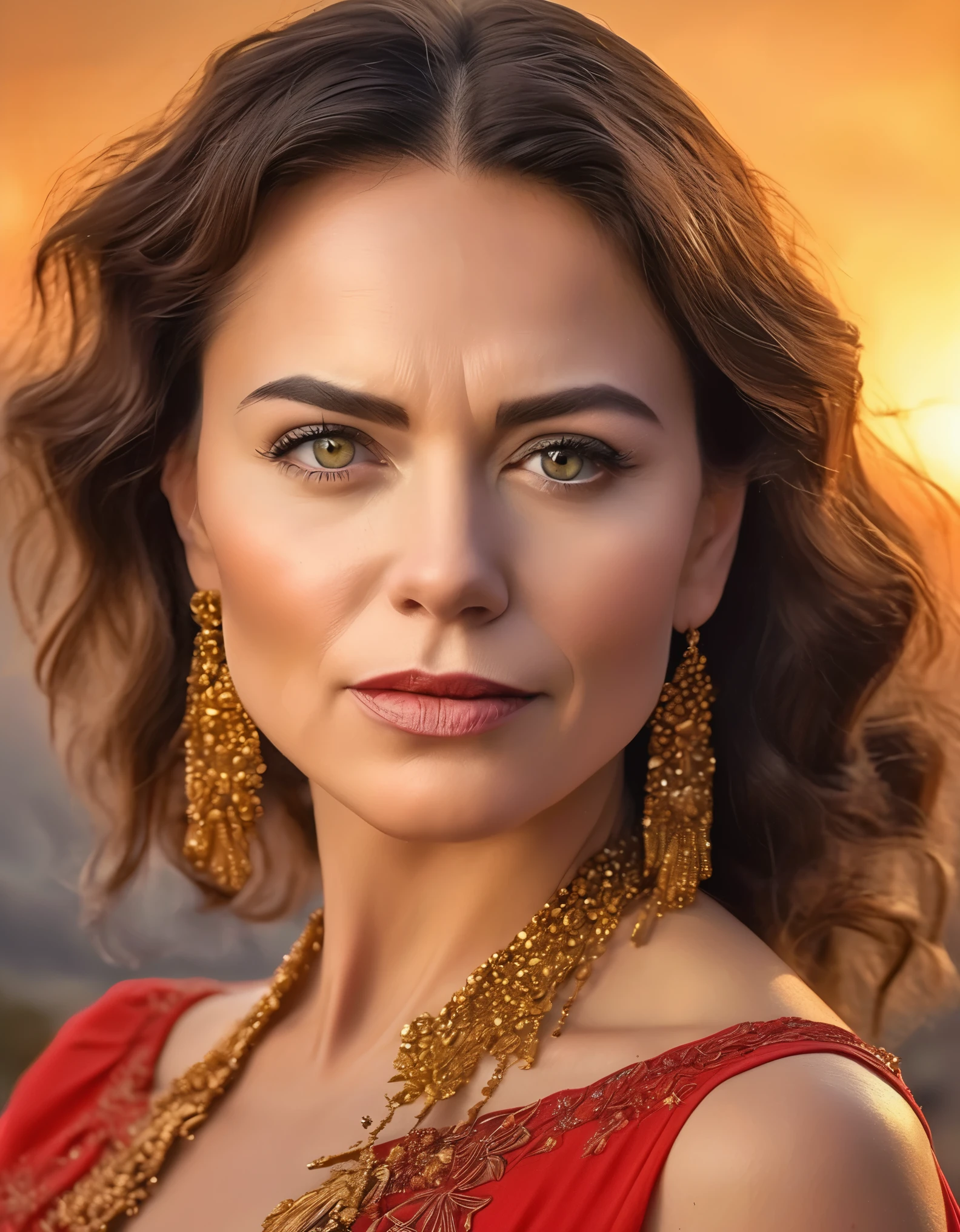 1girl, beautiful detailed eyes, beautiful Spanish 50 year old woman detailed lips, extremely detailed face and eyes, long eyelashes, elegant dress, outdoors, dramatic red sky, yellow bow, (best quality, 4k, 8k, highres, masterpiece:1.2), ultra-detailed, (realistic, photorealistic, photo-realistic:1.37), vivid colors, dramatic lighting