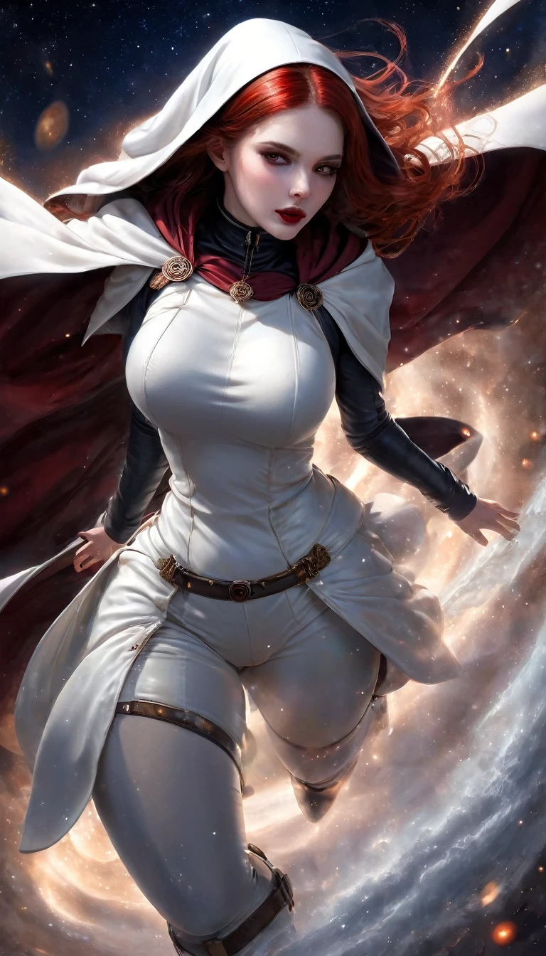 a picture of an exquisite beautiful female (nun: 1.3) vampire standing under the starry night sky on the porch of her monastary, action shot, dynamic angle (ultra detailed, Masterpiece, best quality), ultra detailed face (ultra detailed, Masterpiece, best quality), ultra feminine, (pale skin: 1.3), red hair, wavy hair, dynamic eyes color, cold eyes, glowing eyes, intense eyes, dark red lips, [fangs], wearing white nun habit (ultra detailed, Masterpiece, best quality), wearing blue cloak (ultra detailed, Masterpiece, best quality), long cloak, flowing cloak (ultra detailed, Masterpiece, best quality), wearing high heeled boots, sky full of stars background, moon, bats flying about, action shot, high details, best quality, 16k, [ultra detailed], masterpiece, best quality, (ultra detailed), full body, ultra wide shot, photorealism, dark fantasy art, dark fantasy art, gothic art, many stars, dark fantasy art, gothic art, sense of dread, bloodmagic