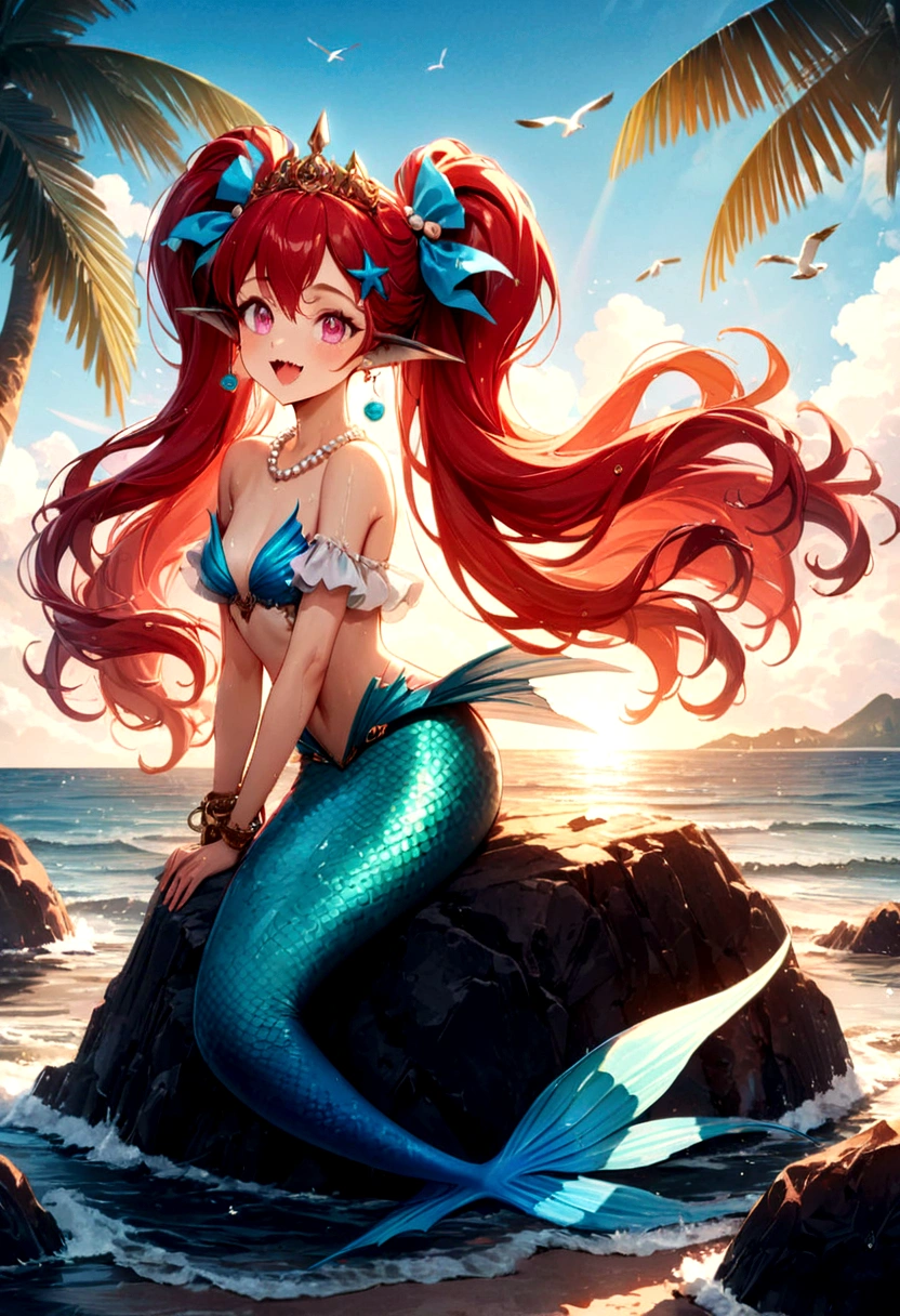 (best quality,4k,8k,highres,masterpiece:1.2),ultra-detailed, drawn in anime style, Pretty 15 years old princess magically transformed into a beautiful mermaid, race swap, fantastic transformation, steampunk, fish like, wet body, dominant shades of red, long and detailed mermaid tail with shimmering red fish scales, fins ears, very long pigtails red hair that sparkles in the light, pearl hair ornaments, sharp teeth, is smiling, pink eyes, small breast, long pelvic and dorsal fins, pair of fish gills on her neck and torso, red shell bra, starfish hair clips, pearl earrings and bracelets, pearl necklace, hair ribbons, gold tiara, embracing her new life has a mermaid, joyful expression, sitting on a rock, sandy beach, brushing her hair, ocean waves,sparkling water,coconut trees,seagulls,vibrant colors,magical glow,shimmering scales,sea breeze,warm sunlight,joyful expression,island paradise,lush tropical plants,dynamic composition,soft and smooth lines,expressive facial features,gentle water reflections,serene atmosphere, Highly detailed, masterpiece, high quality, 4K